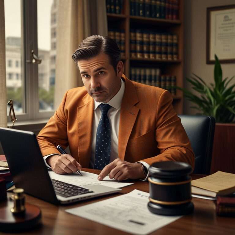 A lawyer is reviewing traffic ticket at his desk