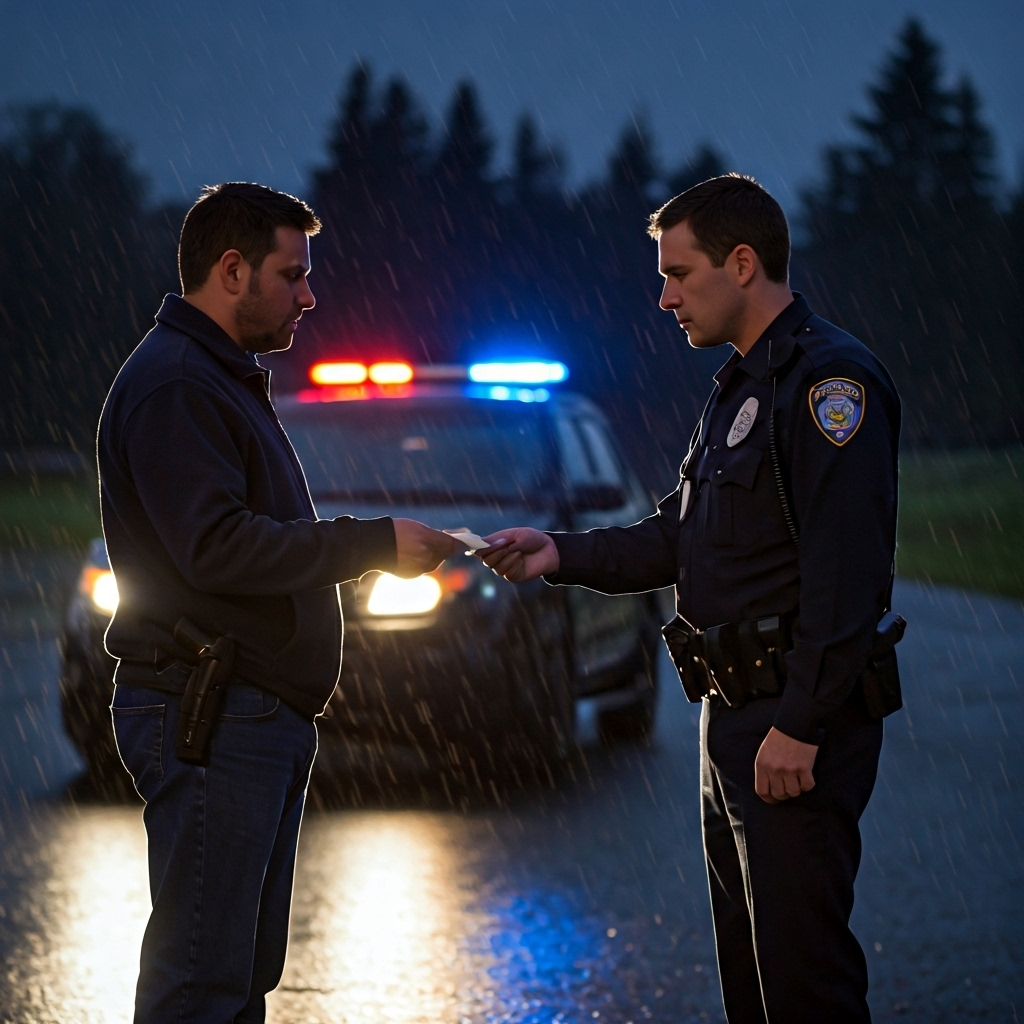 Driver receiving ticket in rain